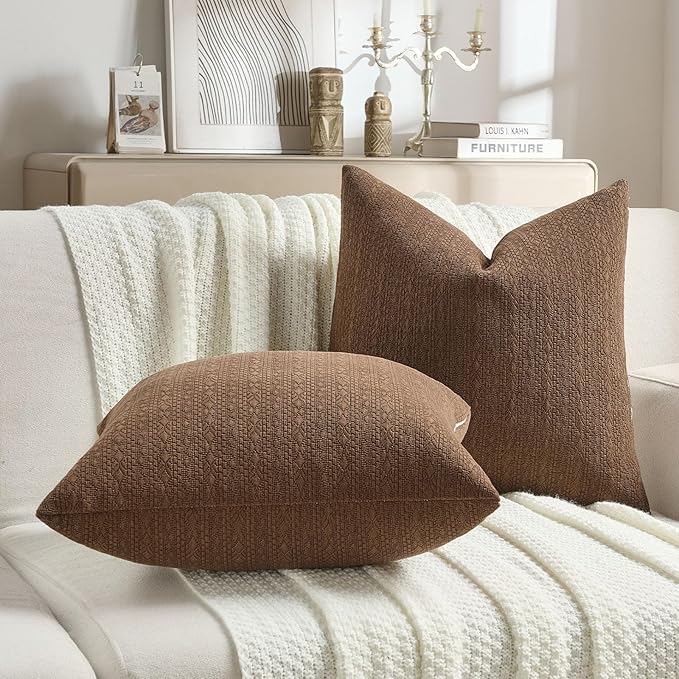 FUTEI Dark Brown Chenille Throw Pillow Covers 18x18 Inch Set of 2,Soft Striped & Diamond Textured Cushion Cases,Modern Home Decor for Couch Living Room