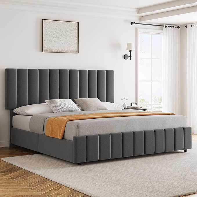 Garvee Queen Size Bed Frame with 4 Storage Drawers, Adjustable Height Headboard, Linen Upholstered Platform Bed Frame, No Box Spring Needed, Easy Assembly, Grey