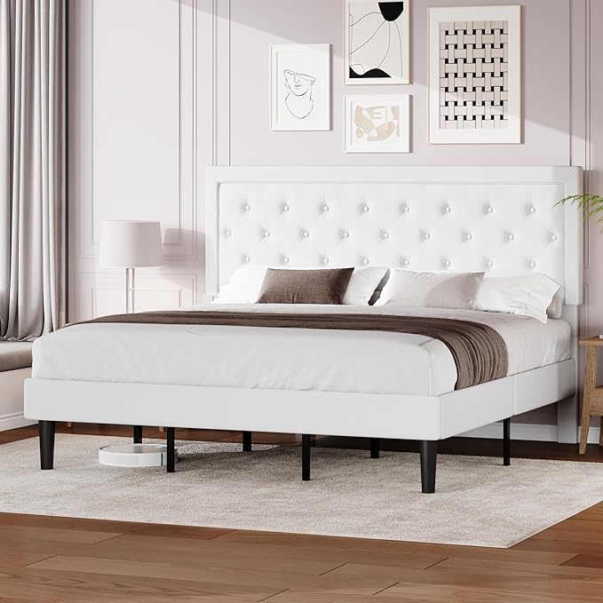 Allewie King Size Velvet Upholstered Bed Frame with Adjustable Headboard, Diamond Tufted Design, Wood Slat Support, Noise-Free EVA Strip, Easy Assembly, White