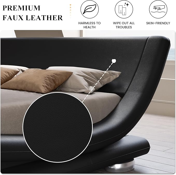 SHA CERLIN Queen Size Upholstered Bed Frame, Deluxe Low Profile Sleigh Bed with Faux Leather Ergonomics Headboard, No Box Spring Needed & Easy Assembly, Black