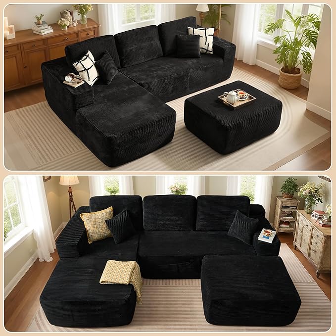 37.1" Ottoman for Couch, Plush Corduroy Memory Foam Ottoman Cloud Boneless Sectional Couch for Living Room Foot Stools No Assembly Require, Stripe Corduroy,Black