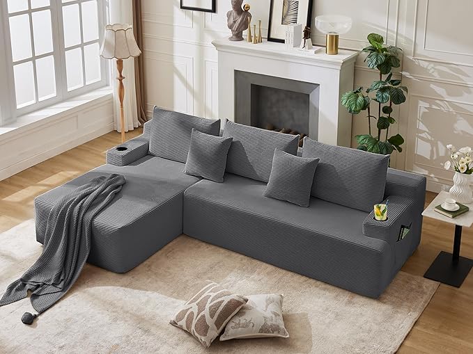 106" Cloud Sectional Couch, Modular Sectional Sofa with L-Shape Chaise, Corduroy Boneless Couch with Deep Seat, Upholstered Sofa for Living Room, No Assembly Required(Left-Facing Chaise, Dark Grey)