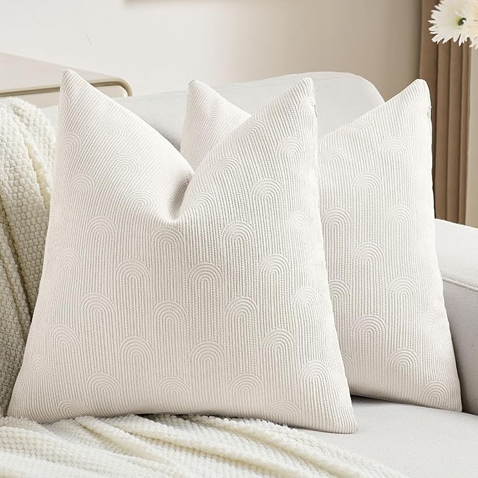 FUTEI Cream Chenille Decorative Throw Pillow Covers 16x16 Inch Set of 2,Soft Cozy Striped Geometric Patterns Cushion Cases,Modern Home Decor for Couch Bed Living Room