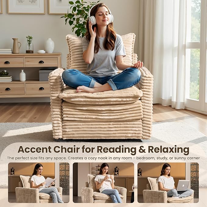 98" Modular Sectional Sofa Set with Swivel Chair, Modern Cloud Couch Plush Corduroy 3 Seater Deep Seat Sofas with Accent Armchair for Living Room Small Space, Beige