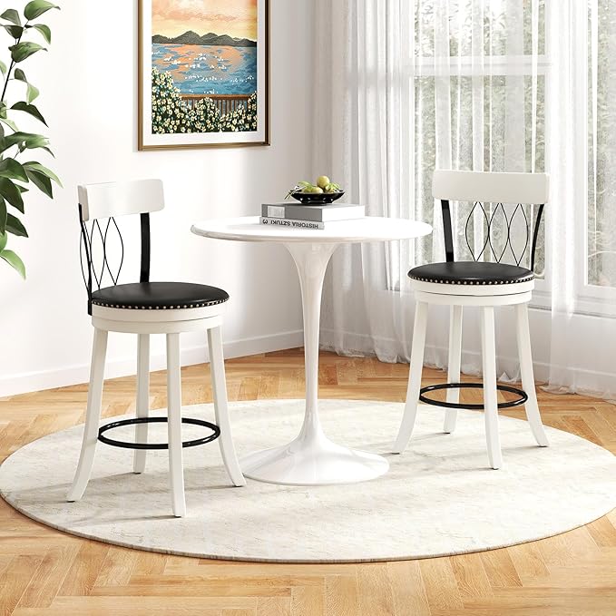 COSTWAY Bar Stools Set of 2, 26” Seat Height Swivel Barstools with Ergonomic Backrest, Soft Cushion & Footrest, Rubber Wood Counter Height Bar Chairs Upholstered Dining Chairs for Kitchen Island
