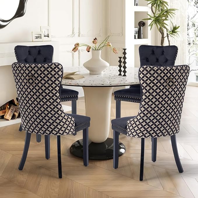 Velvet Upholstered Dining Chairs Set of 4, Modern Style Kitchen Side Chairs with Nailhead Trim and Wood Legs,Metal Pulling Ring for Dining Room Living Room(Quadrangular Star&Black)