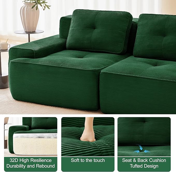 150.4” Green Boneless Couches for Living Room, Modular Sectional Sofa, 4 Seater Comfy Upholstered Deep Seat Corduroy Fabric Cloud Couch No Assembly, Anti-Slip Design