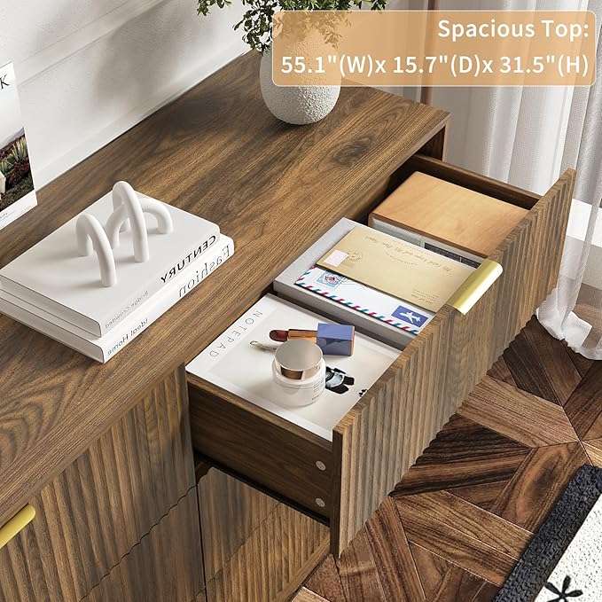 6 Drawers Fluted Dresser for Bedroom, 55" Wide Wooden Dresser with Deep Drawers, Large Floor Chest of Drawers, Modern Long TV Stand, Storage Cabinet Side Table, Walnut