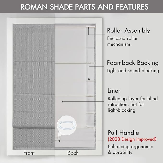 Madison Park Galen Cordless Roman Shade, 31"W x 64"H, Sheen Grey – Room Darkening, Thermal Insulated, Energy Efficient Window Blind with Subtle Sheen Basketweave Fabric for Privacy