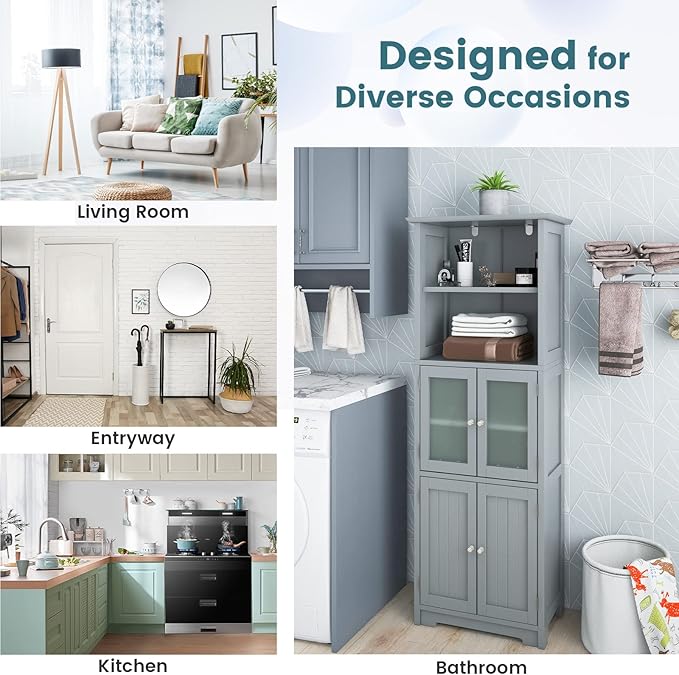 LOKO Tall Bathroom Cabinet, Modern Storage Organizer with Doors & Open Shelves, Wooden Floor Cabinet with Adjustable Shelves for Bathroom, Living Room or Kitchen (Grey)