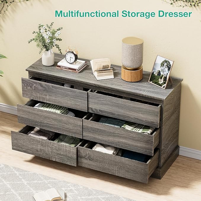 Gray Dresser for Bedroom, Modern 6 Drawer Dresser, Freestanding Wood Dressers, Wide Chest of Drawers Dressers, TV Stand with Sturdy Base Storage for Living Room, Hallway, Entryway