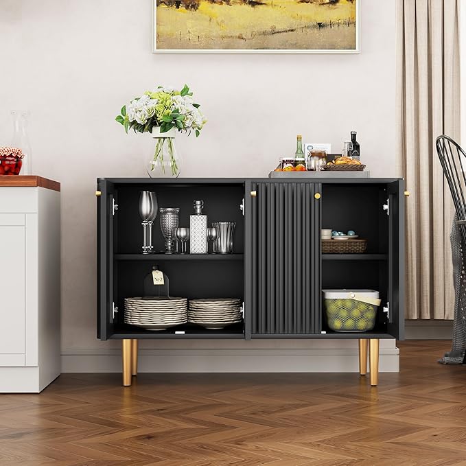 HLR Sideboard Buffet Cabinet, 48" Modern Accent Cabinet with 4 Door and Removable Shelves, Credenza with Storage for Living Room, Dinning Room, Entryway, Black