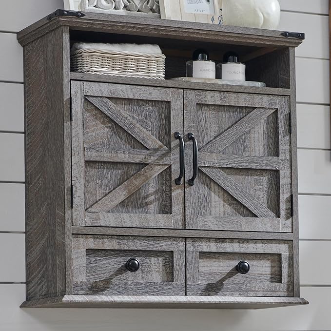 ACCOHOHO Bathroom Wall Cabinet, Farmhouse Medicine Cabinet, 24" Wide Cabinet with Drawer, Adjustable Shelf, Double Barn Doors, Storage Cabinet for Bathroom, Kitchen, Living Room, Grey Wash