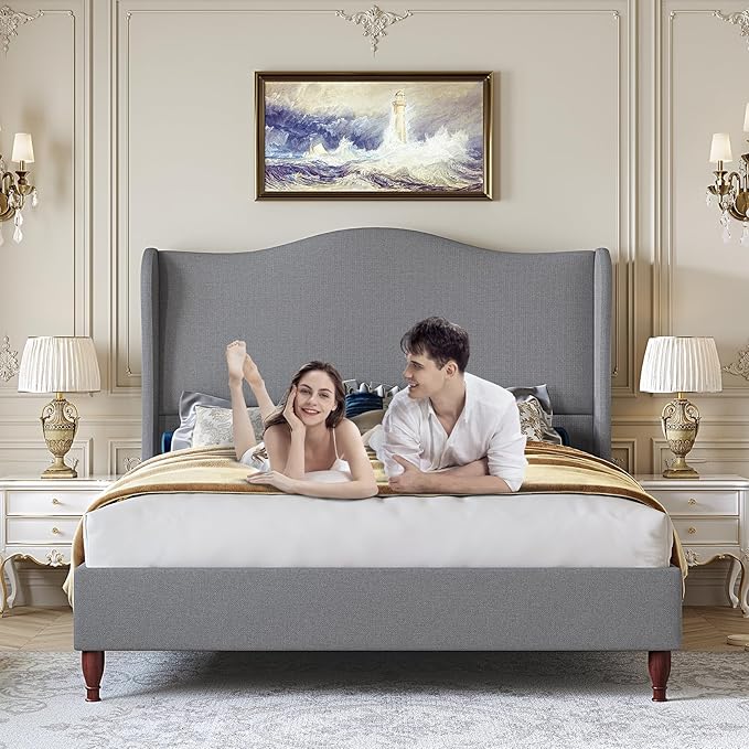 koorlian King Size Bed Frame with 51" Tall Headboard, High Upholstered Platform Bed Frames with Soft Fabric, Classic Curved Wingback & Wood Retro Legs, No Box Spring Needed/Easy Assembly, Grey