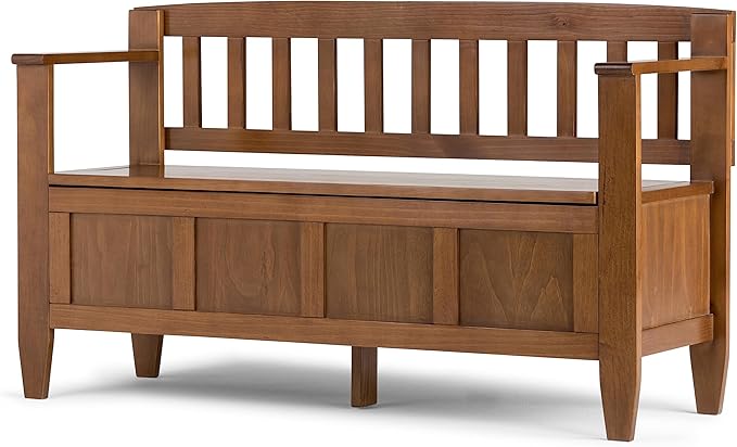 SIMPLIHOME Brooklyn Entryway Storage Bench - 48 inch Wide Solid Wood Storage Seat in Medium Saddle Brown, Contemporary Bench for Entryway or Living Room with Lift-Up Lid and Slatted Backrest