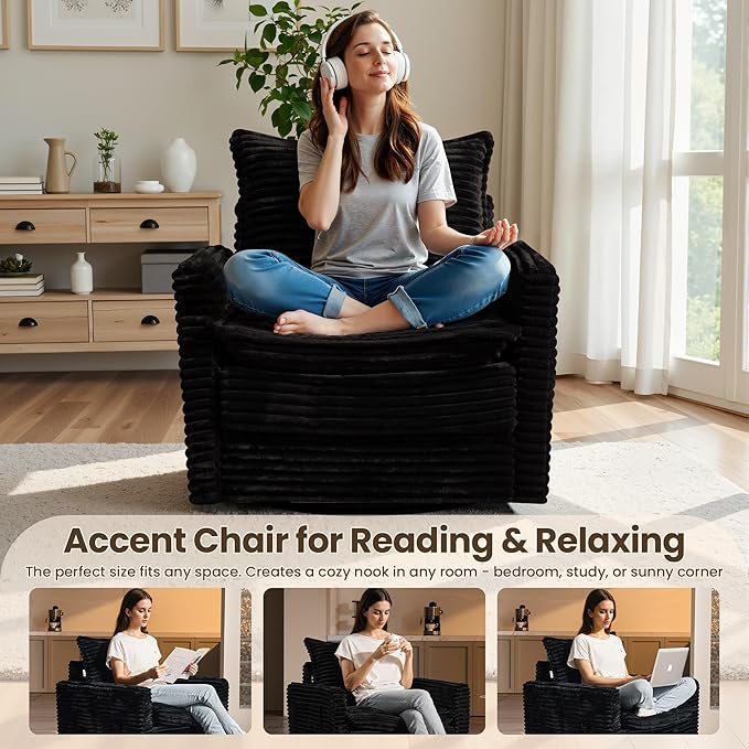 130" Modular Sofa with Swivel Chair & Ottoman, Modern Cloud Sectional Couch Plush Corduroy 5 Seater Deep Seat Sofas Set & Accent Armchair for Living Room, Black