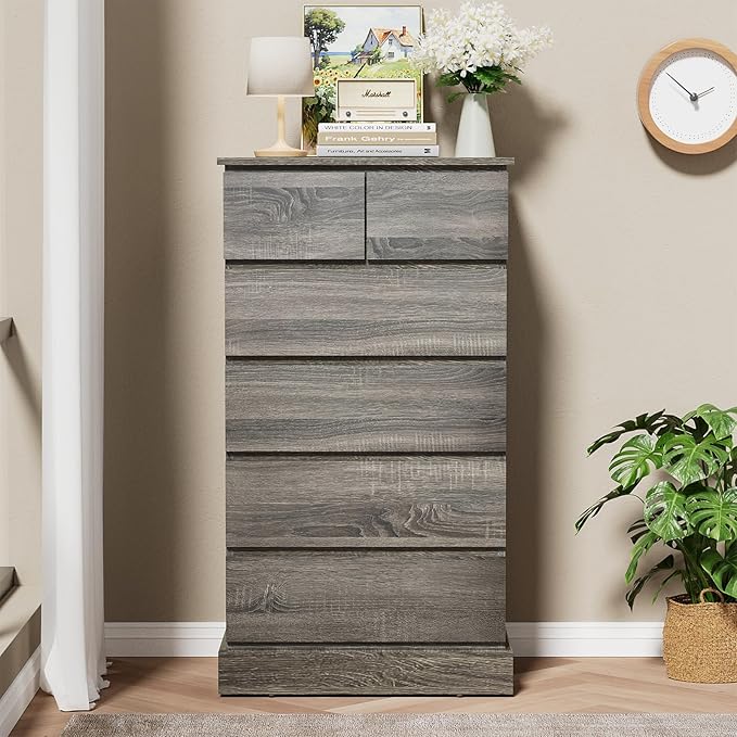 6 Drawers Dresser for Bedroom, 43.3" Tall Dressers & Chests of Drawers, Modern Wood Closet Organizer and Storage Cabinet, Gray Vertical Dresser for Office, Entryway