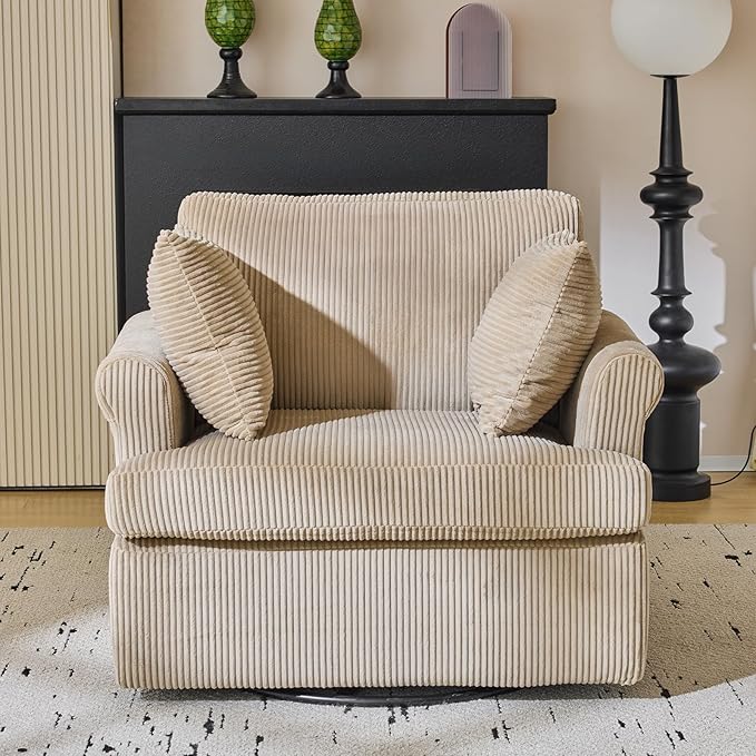 Karl home 39" Swivel Accent Chair,Oversized Seat Armchair W/2 Pillows and 4 Pockets,Modern Upholstered Corduroy Barrel Chairs,Comfy Single Sofa for Living Room,Reading,Bedroom and Office-Khaki