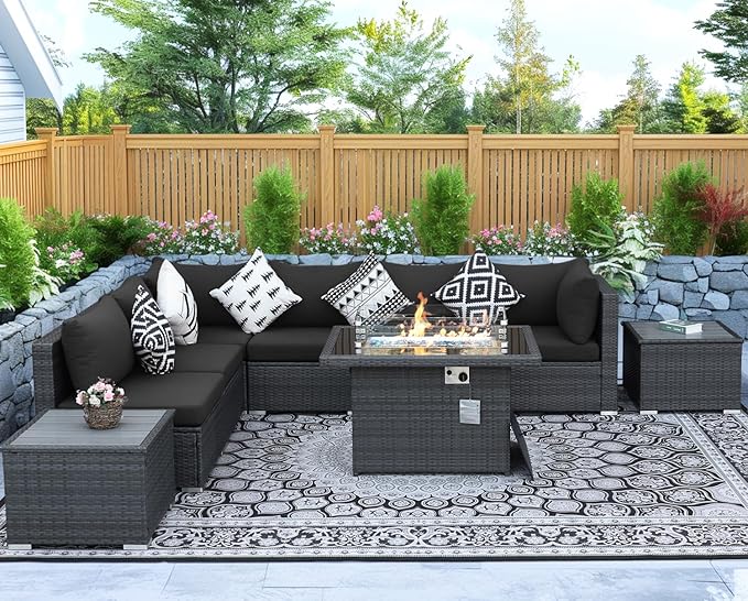NICESOUL 9 Piece Outdoor Patio Sectional Furniture Sofa Set with Fire Pit Natural Gas Propane, 29.3'' High Back Modern Large Size Wicker Conversations with Fireplace for Backyard, Deep Seats Gray