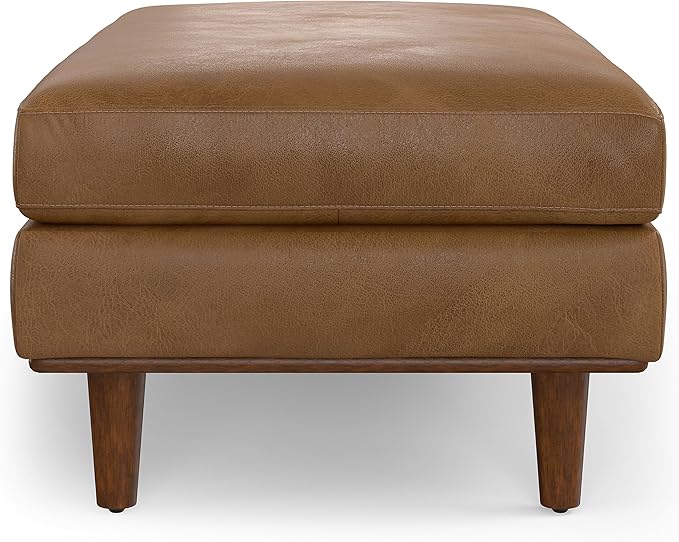 SIMPLIHOME Morrison 49 inch Wide Large Rectangular Ottoman in Caramel Brown Genuine Leather, Multifunctional Footrest, Coffee Table, and Extra Seating for Living Room, Mid-Century Modern Style