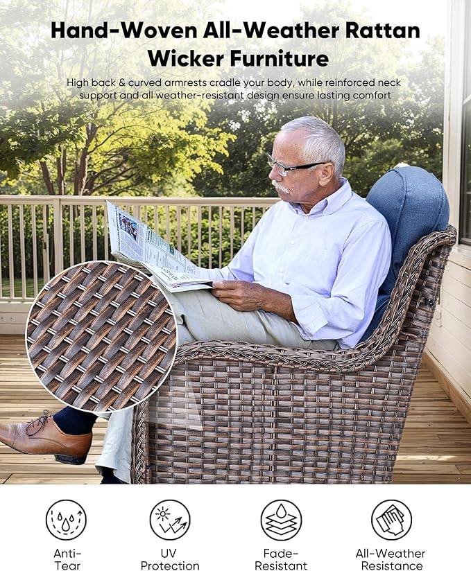 HUMMUH 6-Piece Outdoor Wicker Patio Furniture Set with Swivel Glider Chairs, Loveseat & Ottomans 5” Olefin Cushions Ergonomic Neck-Lumbar Backrest All-Weather Rattan for Garden, Deck, Porch