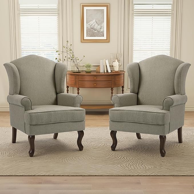 Pia Ricco Set of 2 High Back Accent Chairs: Upholstered Fabric Armchairs with Solid Wood Legs - Retro Living Room Pair, Comfy Reading Sofa Seats-Moss Grey
