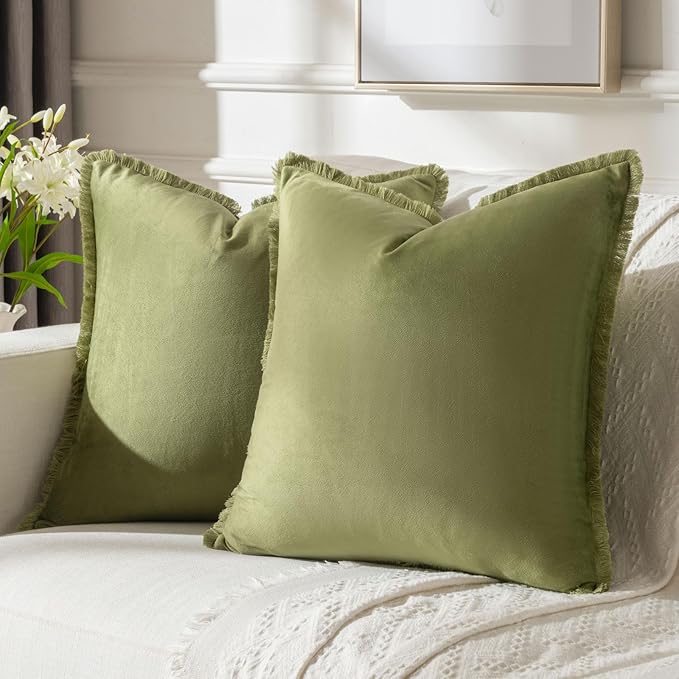 FUTEI Sage Green Velvet Decorative Throw Pillow Covers 20x20 Set of 2,Soft Cozy Edge with Tassels Cushion Case,Boho Modern Home Decor for Couch Bed Living Room