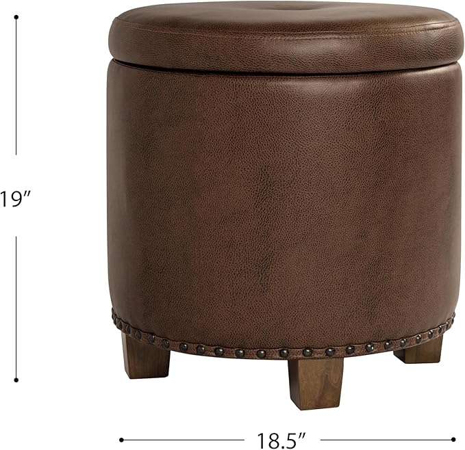 Homepop Home Decor | Upholstered Round Storage Ottoman with Nailheads| Ottoman with Storage for Living Room & Bedroom, Brown Faux Leather
