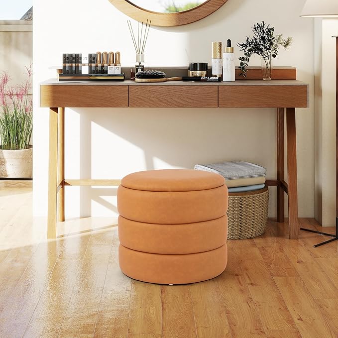 DAGONHIL Round Ottoman with Storage, PU Leather Footrest, Hidden Storage Ottoman Stool,Vanity Stool for Bedroom, Living Room, Entryway, Brown