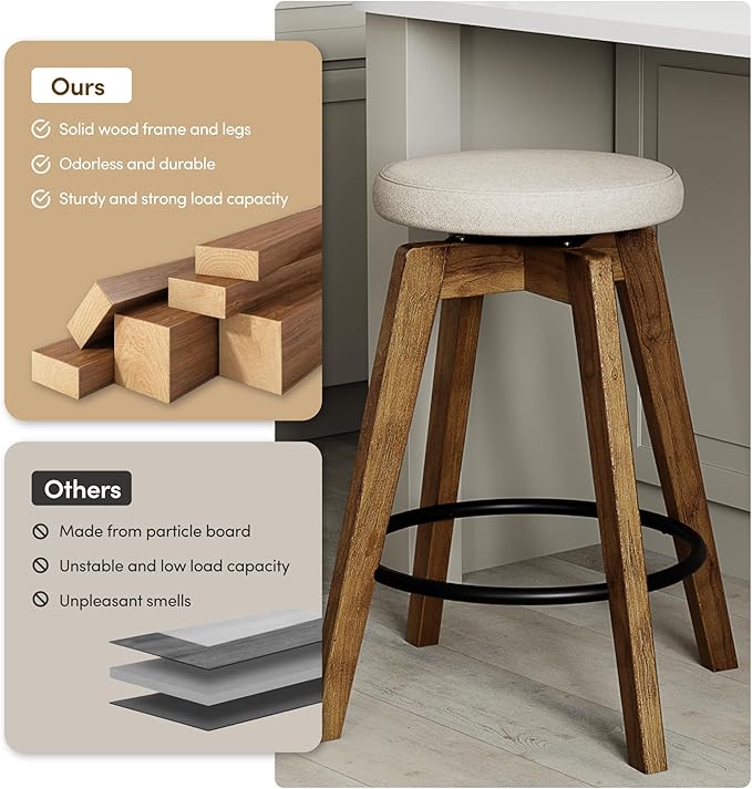 Swivel Premium Solid Wood Counter Stool 25", Set of 2, 360° Rotating Upholstered Cushion, Backless Bar Chair for Island, Pub, Kitchen, Dining Room (Walnut)