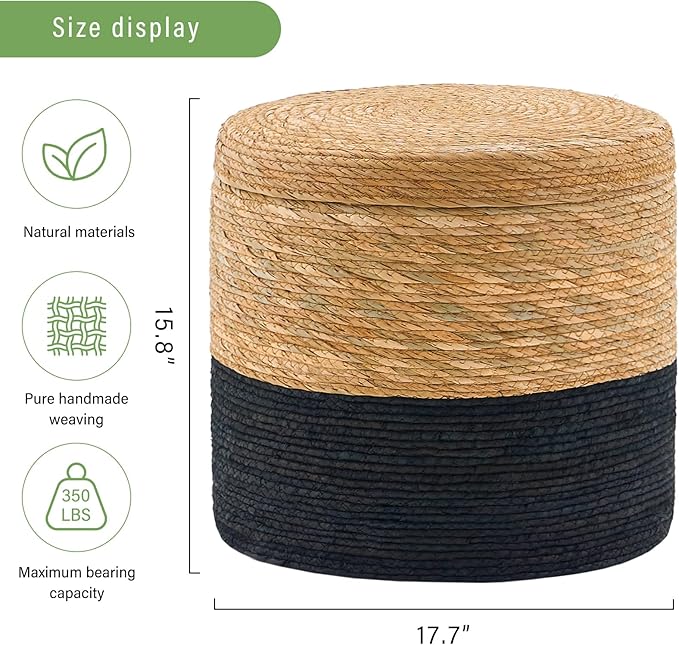 Wimarsbon 18'' Ottoman Pouf, Natural Braided Poof, Rustic Handweave Lounge Pouffe, Boho Footrest Stool for Bedroom, Accent Table for Living Room (Storage - 18inch Cattail+Black Corn Husk L)