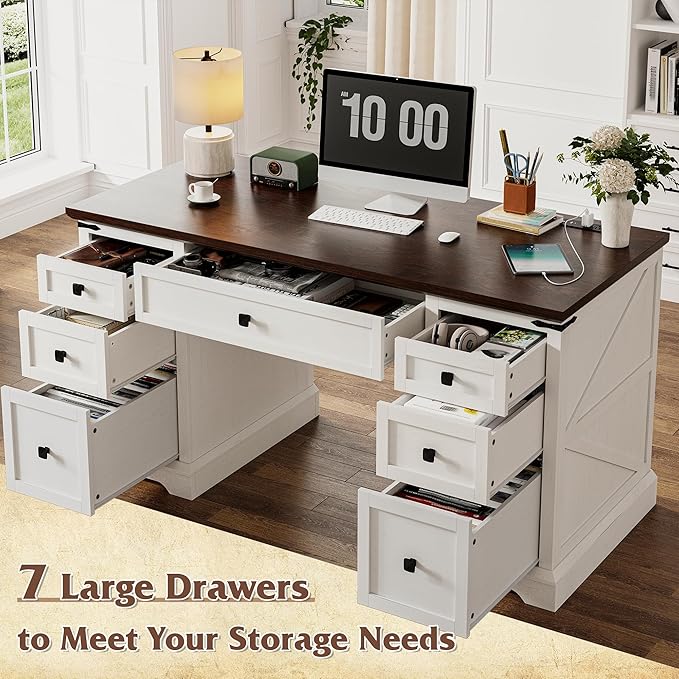 EnHomee 58" W Farmhouse Executive Desk with Drawers, Wood Home Office Desks with Power Outlets, Rustic Computer Desk with Storage Cabinet for Working, Studying, Writing, White + Brown