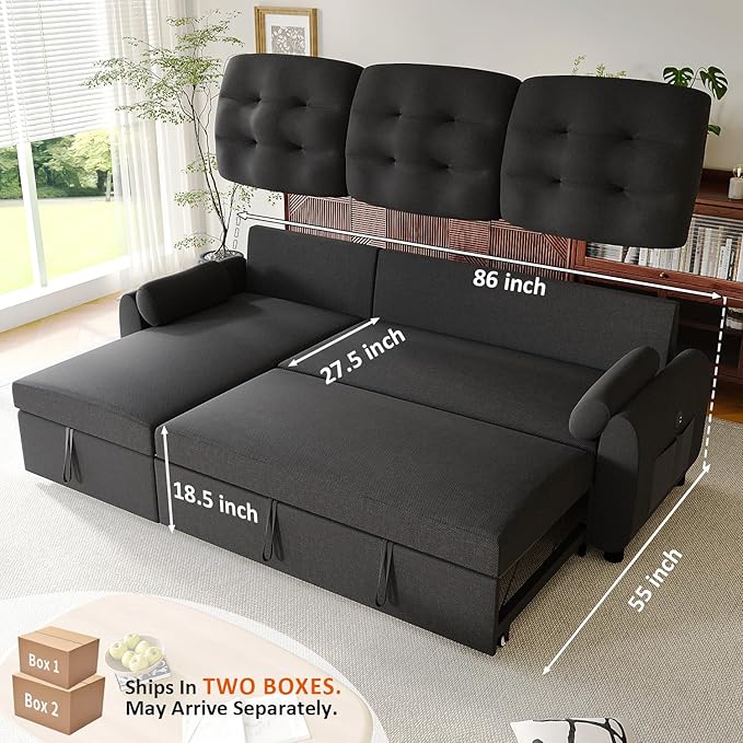 Ucloveria Sleeper Sofa Bed, 86" Convertible Sectional Sofa Couches for Living Room, Pull Out Couch Bed with Reversible Storage Chaise | USB Ports | Side Pockets | Removable Backrest