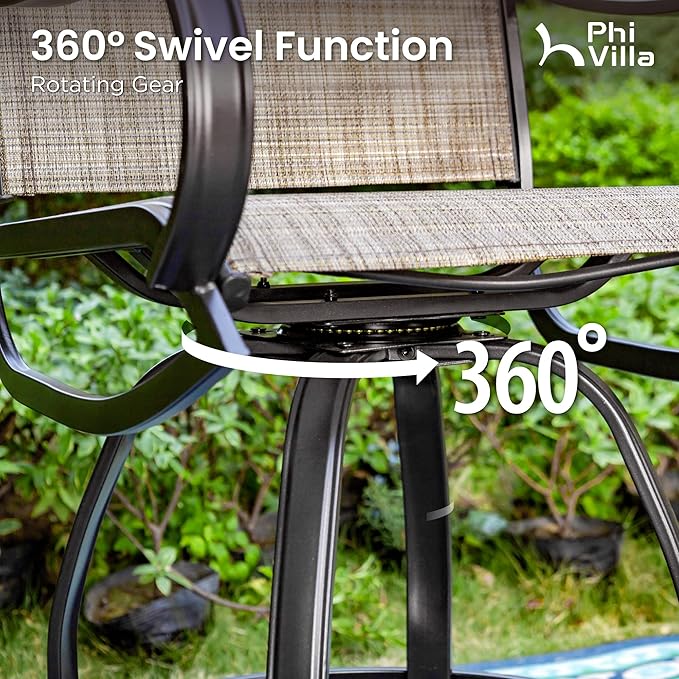 PHI Villa 5PCS Patio Bar Set, Metal Bar Height Table and 4 Outdoor Swivel Bar Chairs with Textilene Fabric and Thickened Black Metal Frame,High Patio Furniture for Garden,Yard