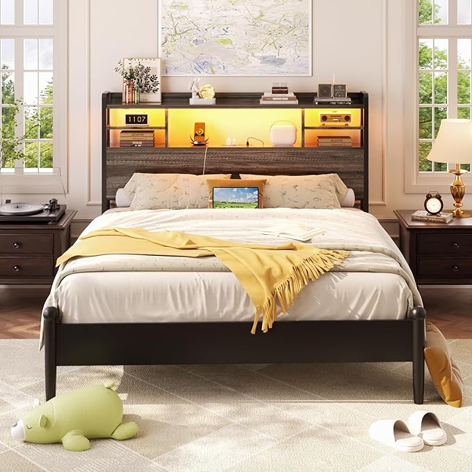 Aheaplus Headboard for Full Size Bed with Storage, Headboards with LED Light, Power Outlets, USB Ports Full Size Head Board, Wood headboard Only Sturdy and Stable Headboards, Modern, Black Oak