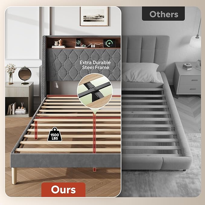 WLIVE Queen Size Upholstered Bed Frame with Storage Headboard, Velvet Square Tufted Platform Bed with Charging Station, Sturdy Metal & Wooden Slats Support, No Box Spring Needed, Grey