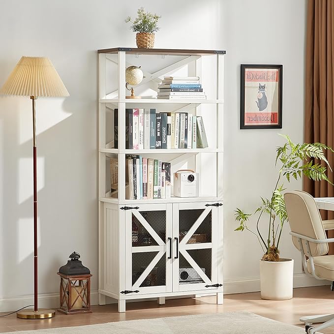 5 Tier Bookshelf 70" Tall Bookcase with Barn Doors,Large Farmhouse Display Book Shelf with Adjustable Shelves and Storage Cabinet，Library Wood Bookshelves for Living Room,Kitchen,Rustic White