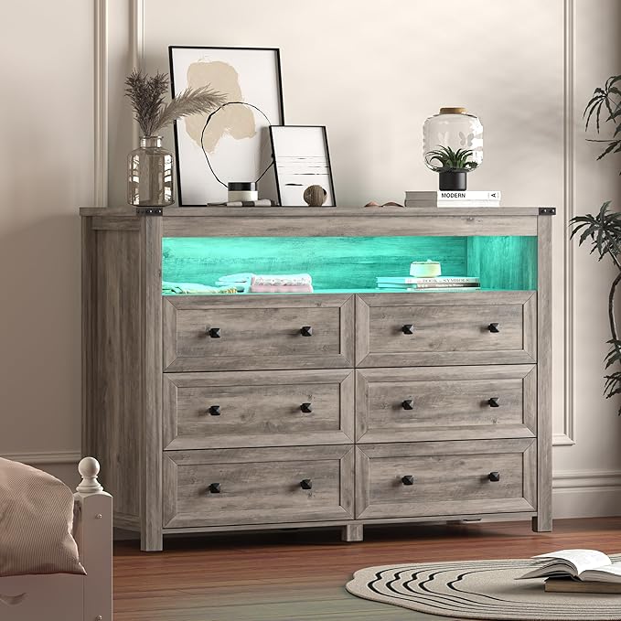 Dresser for Bedroom with 6 Drawers, Wide Chest of Drawers with LED Light and Power Outlet, Wooden Closet Organizer Clothes Storage Cabinet, Modern Double Dressers for Living Room, Hallway, Grey