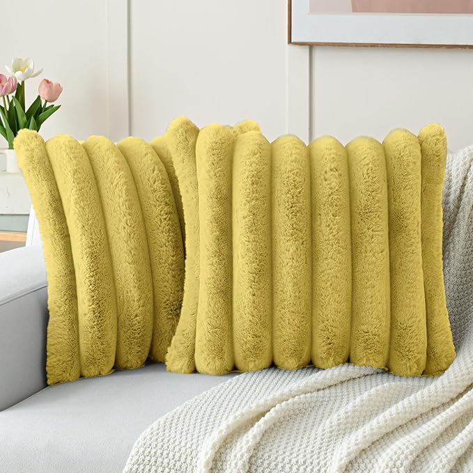 FUTEI Mustard Yellow Decorative Throw Pillow Covers 18x18 Inch Set of 2, Square Soft Faux Rabbit Fur Big Striped Cushion Cover,Home Decor for Couch Sofa Bed Living Room