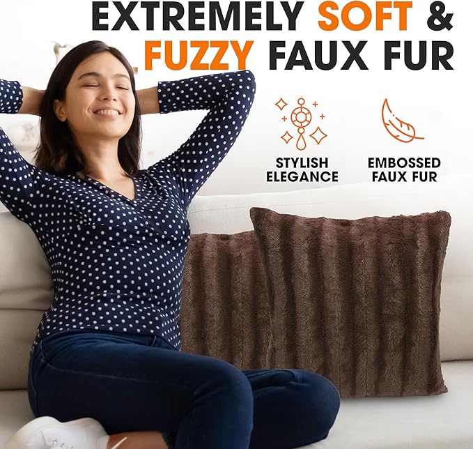 Cheer Collection Faux Fur Throw Pillows - Decorative Pillows for Couch, Bed Throw Pillows, Chocolate Accent Pillows for Bedroom or Living Room Aesthetic, Set of 2 Furry Throw Pillows, 16" x 16"