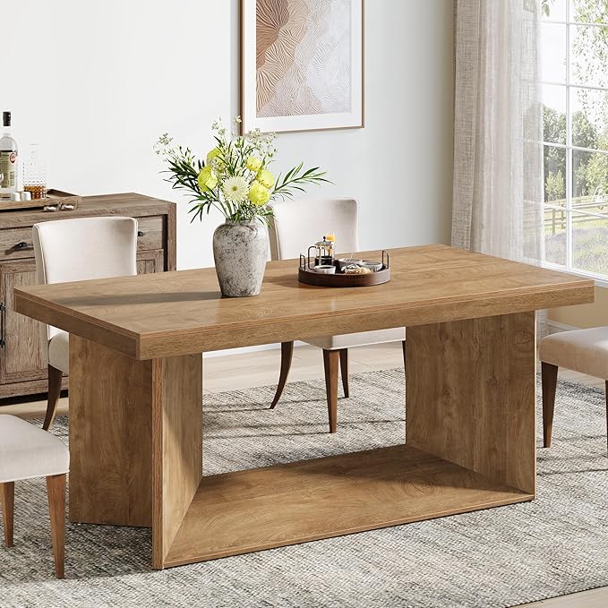 Tribesigns 63-Inch Dining Table for 4-6, Farmhouse Kitchen Table with Heavy Duty Pedestal, Rectangular Wooden Dinner Furniture for Home, Dining Room, Living Room, Brown