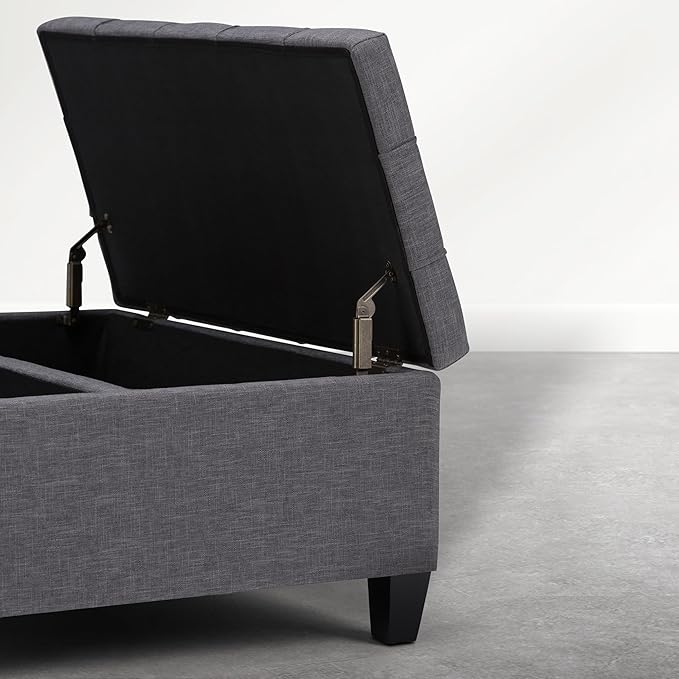 SIMPLIHOME Harrison Coffee Table Storage Ottoman - 36 inch Wide Upholstered Linen Look Fabric Square Storage Ottoman in Flint Grey, Transitional Tufted Ottoman for Living Room with Split Lift-Up Lid