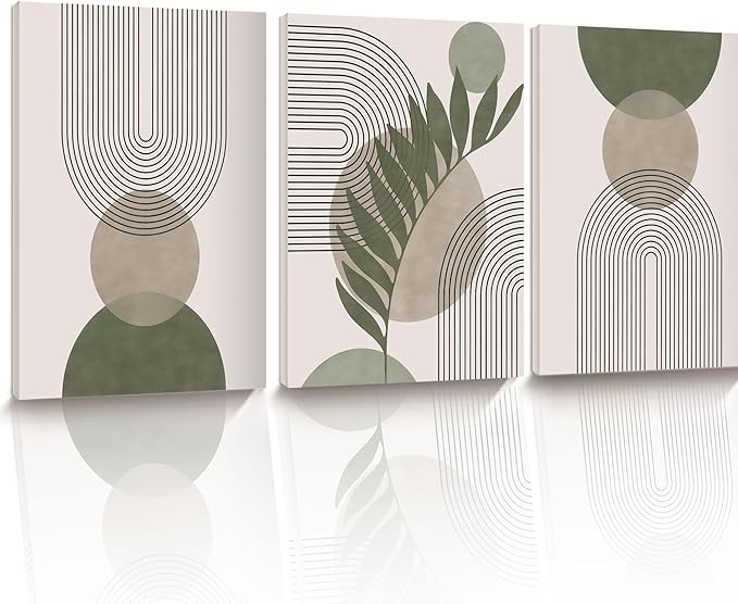 30x40CM Sage Green Boho Wall Art,Framed Canvas Bathroom Wall Art Pictures, Mid-Century Modern Wood Framed Abstract Prints for Bedroom,Minimalist Office Wall Decor 3Pack