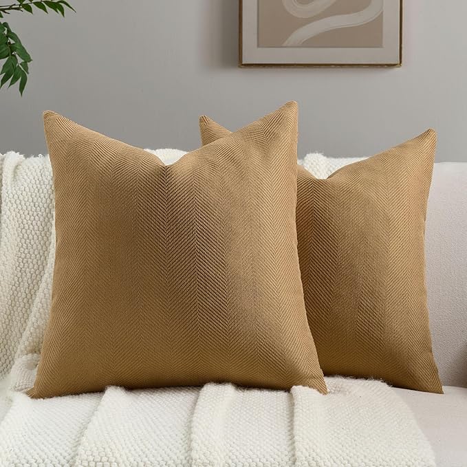 FUTEI Camel Chenille Throw Pillow Covers 18x18 Inch Set of 2,Soft Wide Chevron Textured Cushion Case,Farmhouse Home Decor for Couch Bed Living Room