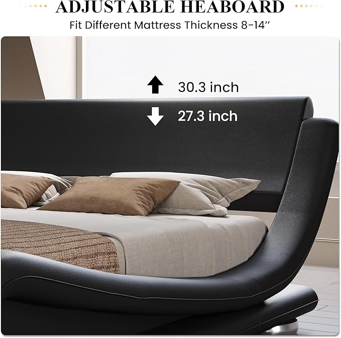 SHA CERLIN Full Size Upholstered Bed Frame, Deluxe Low Profile Sleigh Bed with Faux Leather Ergonomics Headboard, No Box Spring Needed & Easy Assembly, Black