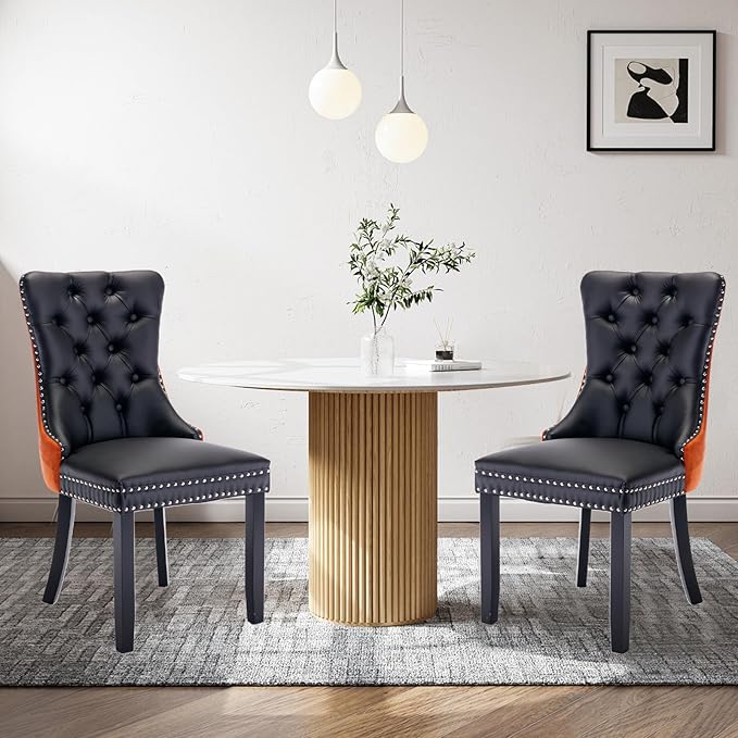 PU Upholstered Dining Chairs Set of 2, Modern Style Kitchen Side Chairs with Nailhead Trim and Wood Leg, Metal Pulling Ring for Dining Room Living Room(Black&Orange,Set of 2)