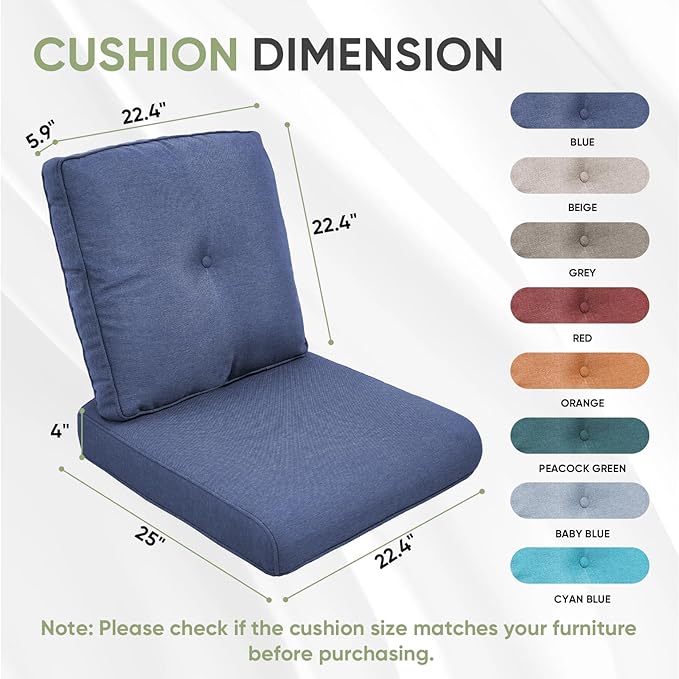 Outdoor Chair Cushion Set of 3, Waterproof Outdoor Seat Cushions 25x22, Patio Chair Cushions for Outdoor Furniture, Couch Cushion Replacement, Include 3 Back & 3 Seat Cushions, Button/Blue