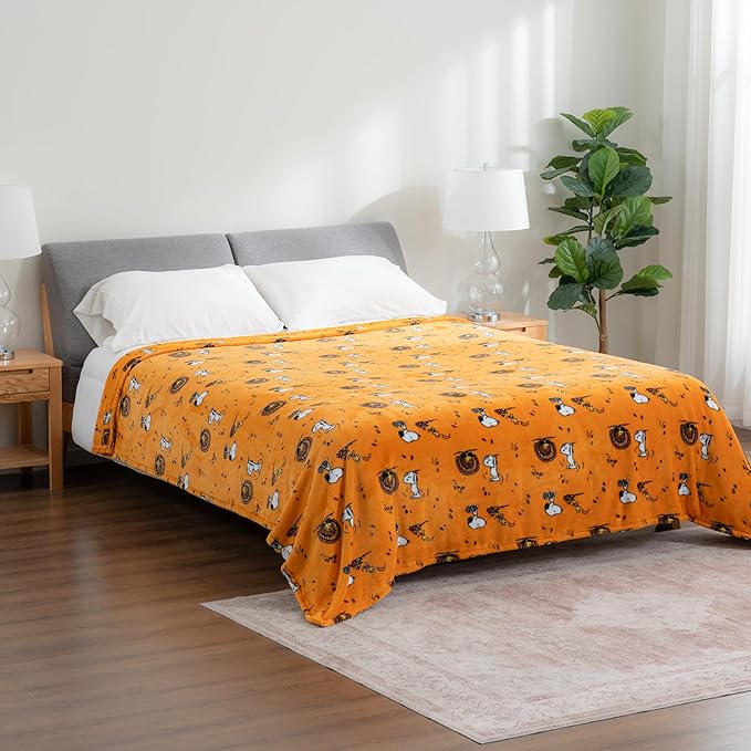Berkshire Blanket Peanuts® VelvetLoft® Cute Character Snoopy Plush Blanket,Snoopy and Woodstock Fall Birds & Leafs Orange,Full/Queen 90 in x 90 in (Official Peanuts® Product)