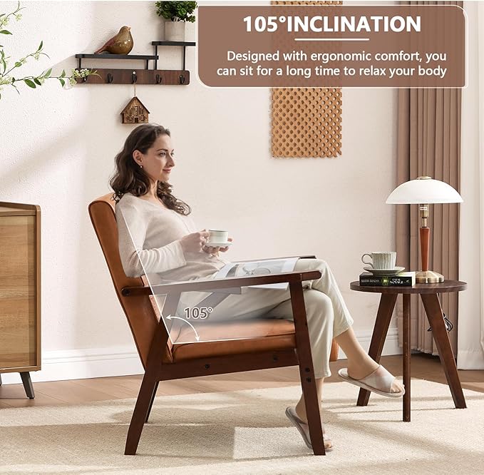 ANJ Mid Century Modern Accent Chair Set of 2 for Living Room, Tufted Faux Leather Armchair, Comfy Retro Bedroom Side Chair with Dark Wood Frame, Orange Brown