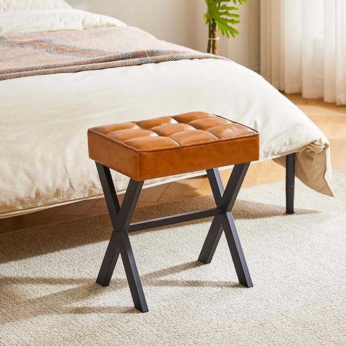 IBUYKE Square Makeup Stool with X-Leg Foot Rest, PU Footrest, Ottoman Seat, Multi-Use as Small Side Table, for Bedroom, Living Room, Light Brown LG-71J